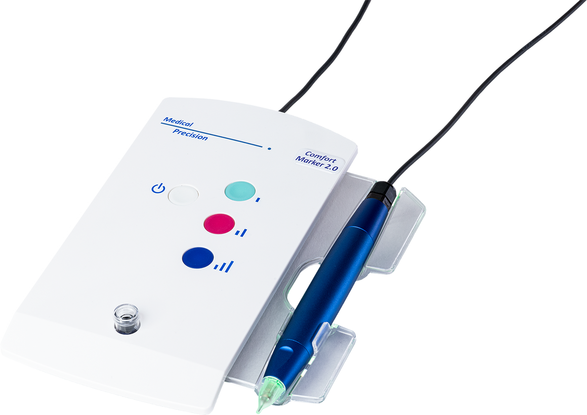 A dental handpiece and controller set, featuring a blue-handled rotary instrument in a clear holder next to a white control panel with colored buttons, on a white background.