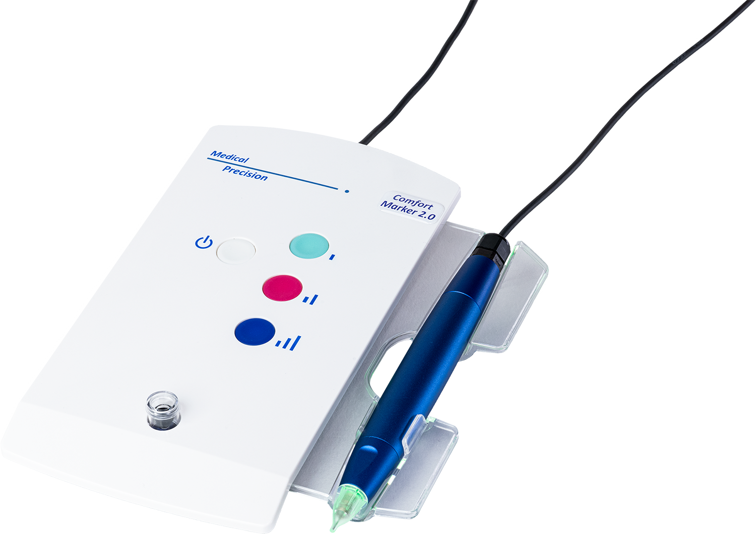 A dental handpiece and controller set, featuring a blue-handled rotary instrument in a clear holder next to a white control panel with colored buttons, on a white background.