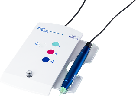 A dental handpiece and controller set, featuring a blue-handled rotary instrument in a clear holder next to a white control panel with colored buttons, on a white background.