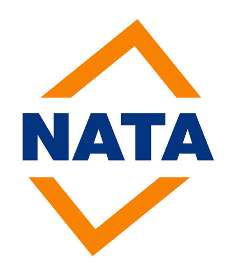 The logo for NATO, featuring the word 'NATO' in bold blue letters centered between two orange chevron shapes pointing inward, on a plain white background.