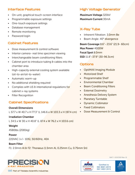A technical specification sheet for a Precision X-ray Imaging System, detailing features like interface, cabinet, high voltage generator, and options in a clean, two-column layout with orange headings and black text.