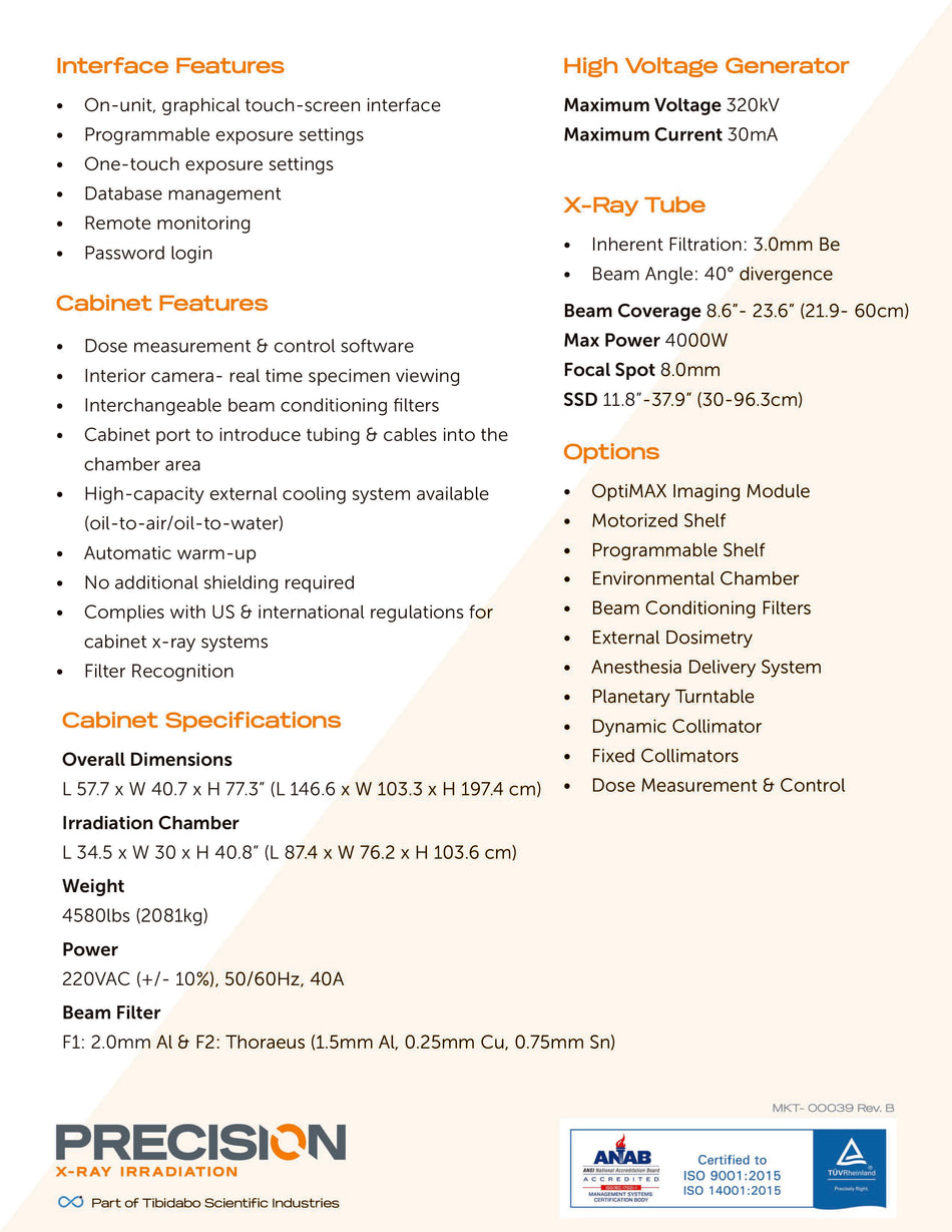 A technical specification sheet for a Precision X-ray Imaging System, detailing features like interface, cabinet, high voltage generator, and options in a clean, two-column layout with orange headings and black text.